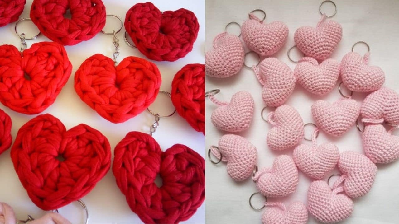 heart keychain made with a knit yarn