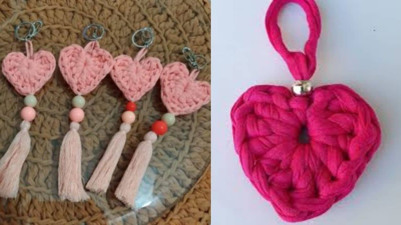 heart keychain made with a knit yarn